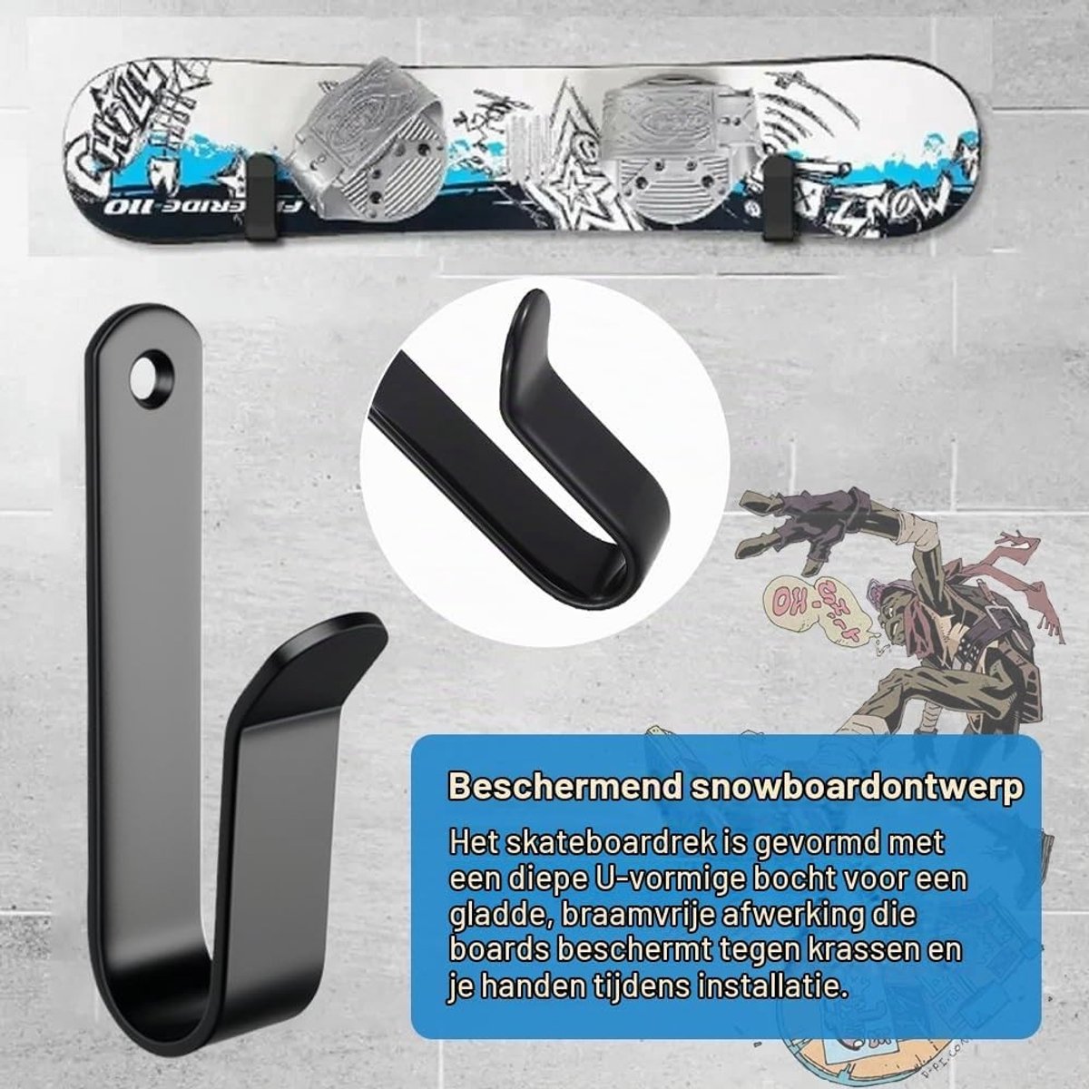 Stevige wandbeugels voor snowboard skateboard en longboard Set van 4 zwarte beugels voor optimale opslag