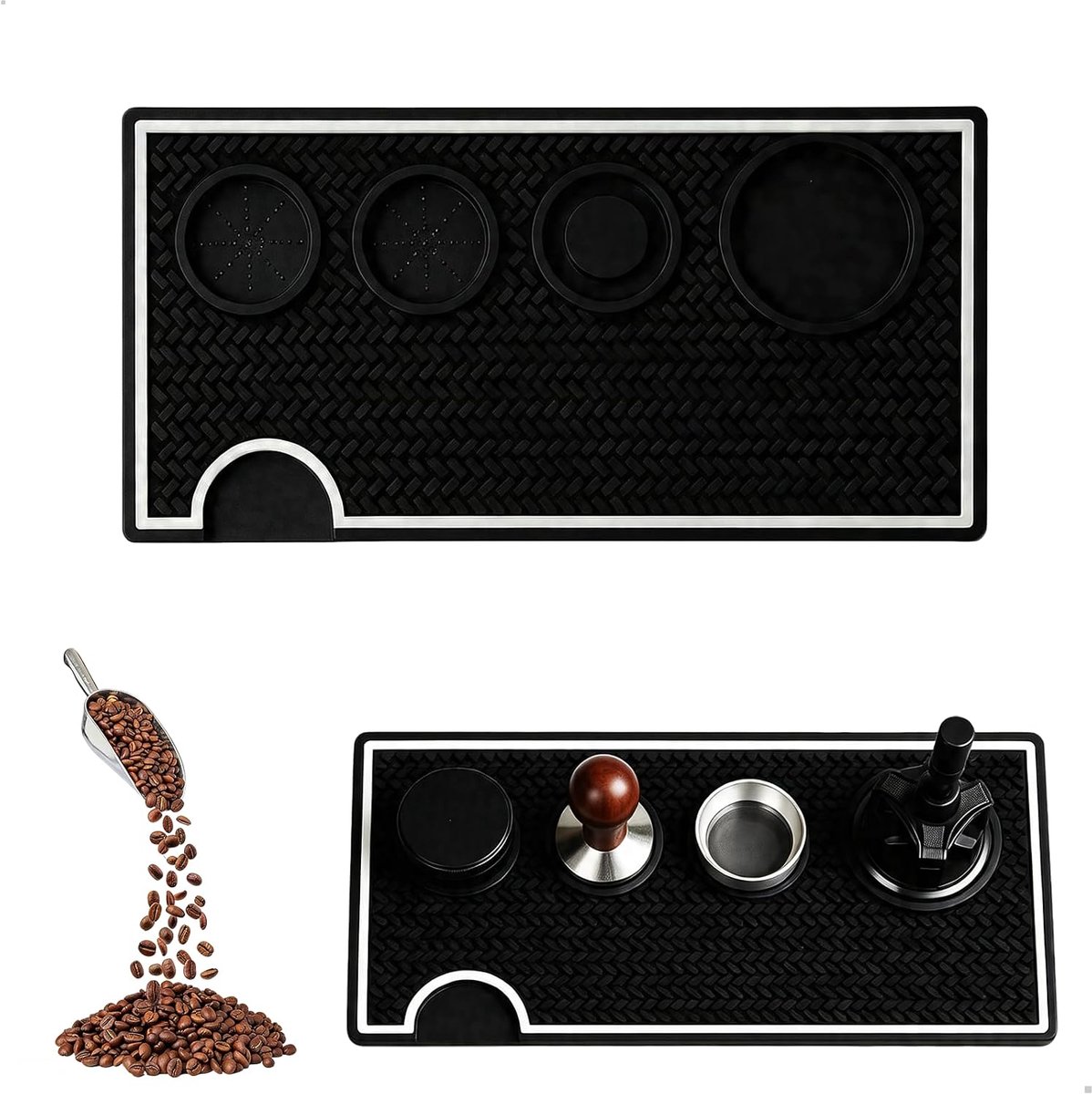 Tamperstation, 40 x 20 cm, grote espresso-koffiemat met meerdere vakken, pvc antislip tampingmat voor 51-58 mm zeefdragers, voor keuken en café, zwart