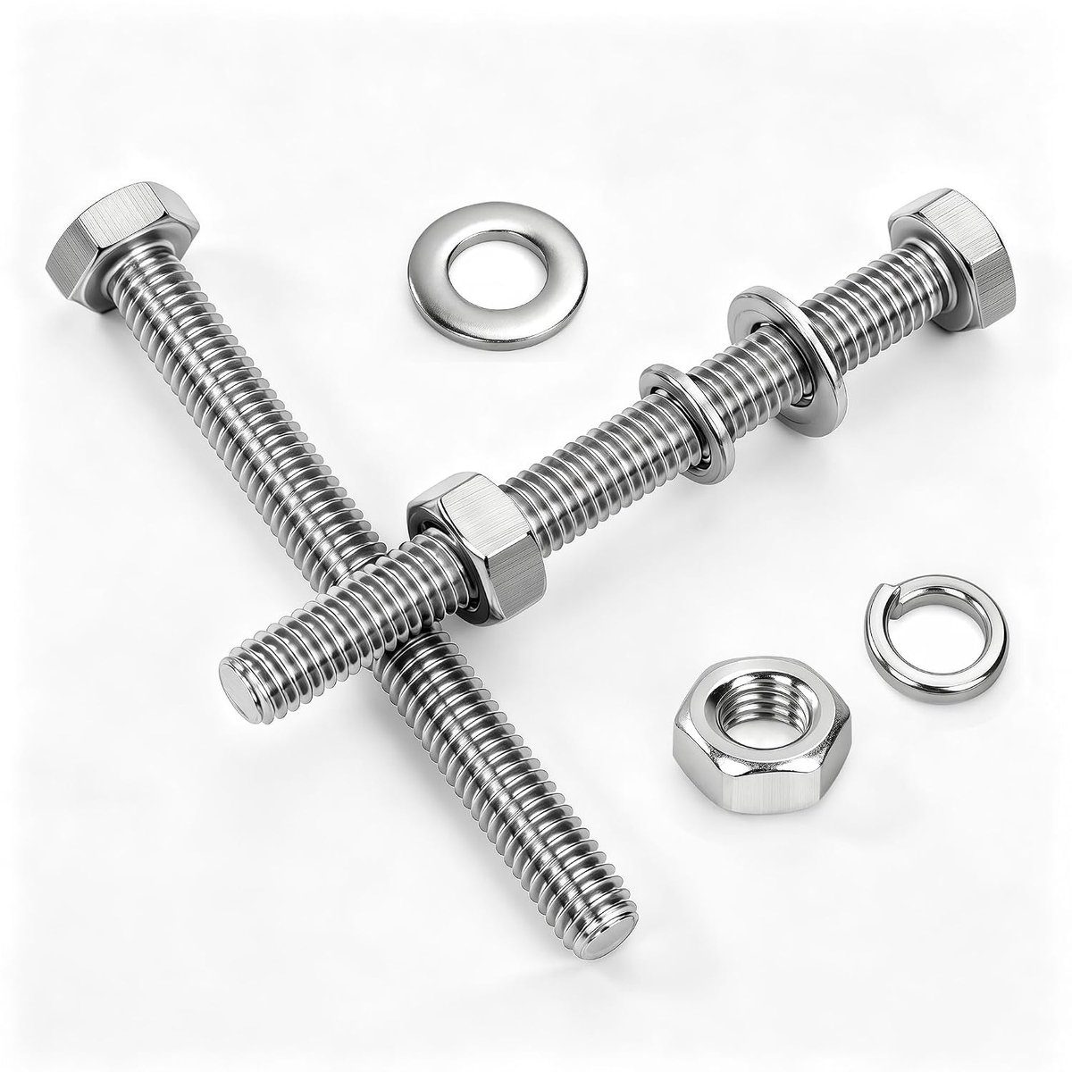 Zeskantschroeven en moeren, set M6 x 50 mm, DIN 933, schroeven, roestvrij staal, A2, V2A, binnenzeskant, 16 stuks, met sluitringen, veerringen voor meubels, auto's, machines