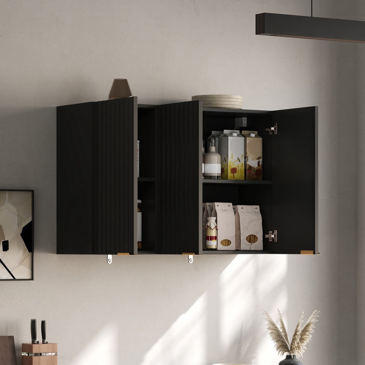 MODFU - Keukenkast - Bovenkast - 3 Deuren - Wandmontage - MDF - Zwart - 90 x 29 x 60 cm