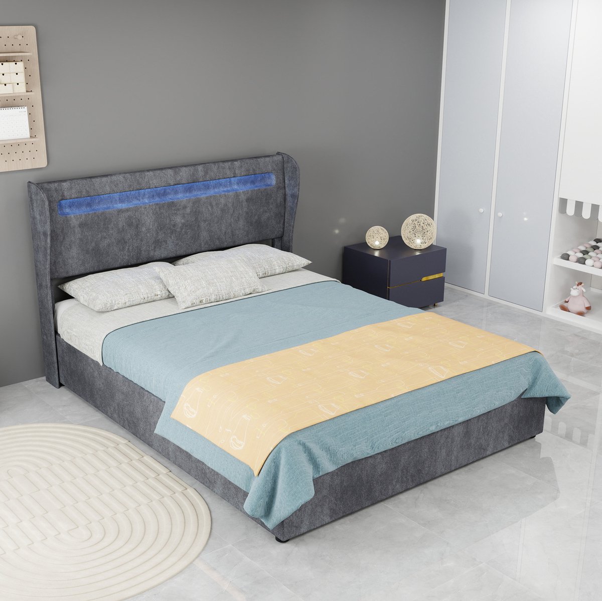 REDOM Bedframe - LED-hoofdbord - Verstelbare rugleuning - Opbergruimte met gaslift - Lattenbodem - Moderne stijl - Slaapkamer - Stof en metaal - Grijs - 140 x 200 cm