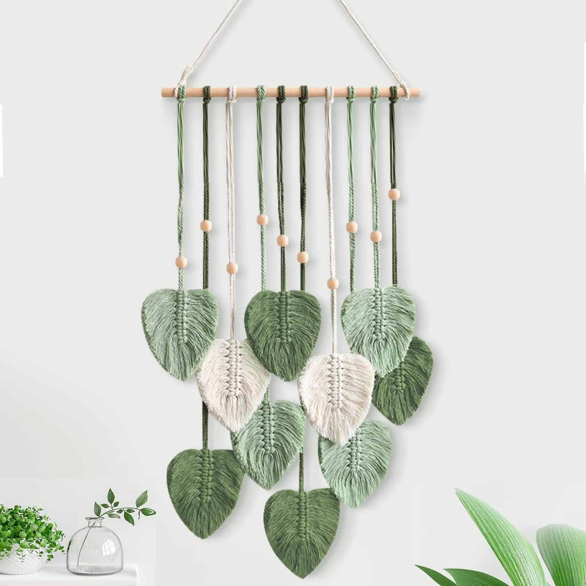 YATOSEEN Macrame Wall Hanging Green Leaves Boho Wall Decor Macrame Tapestry Handmade Macrame Leaf With Hook Up For - ShopVlot