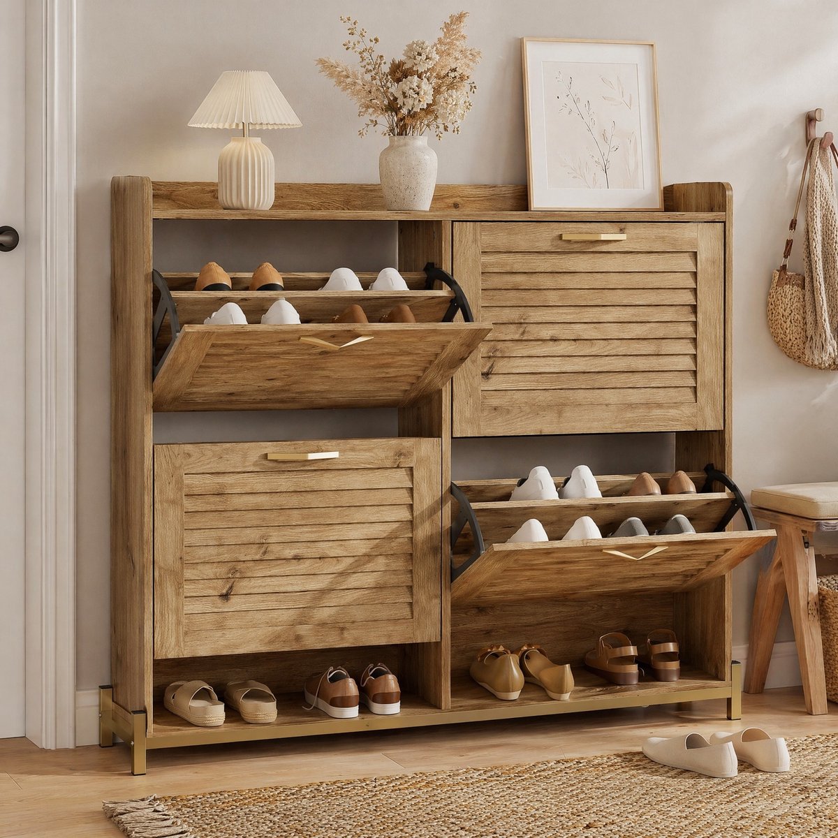 WUVRIE Schoenenkast 108,5 x 24 x 100 cm - 4 kleppen, metalen frame en bovenblad - Houtkleur