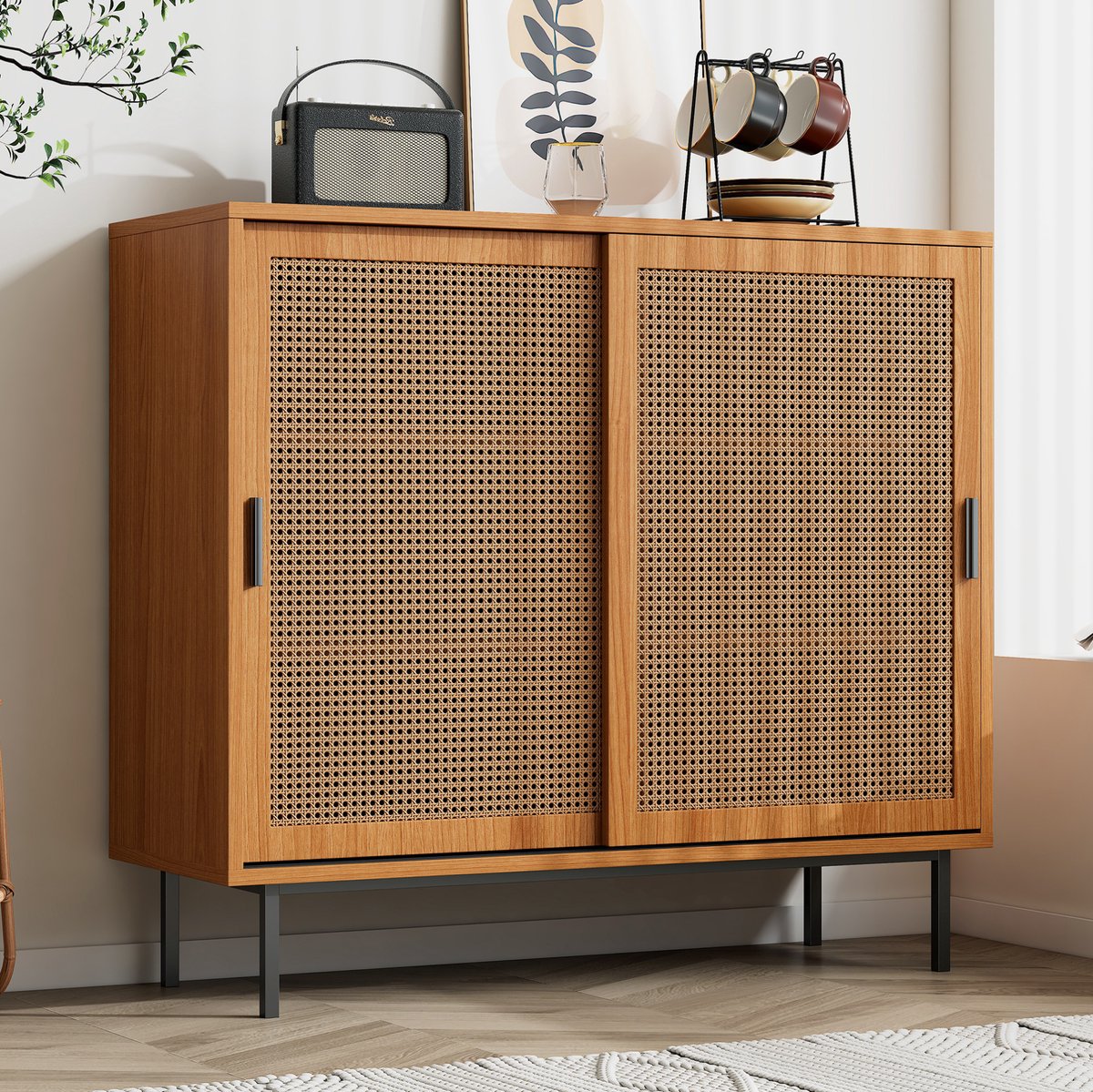 WUVRIE Dressoir 100 x 37 x 90 cm - 2 schuifdeuren en verstelbare plank - Walnoot Walnut