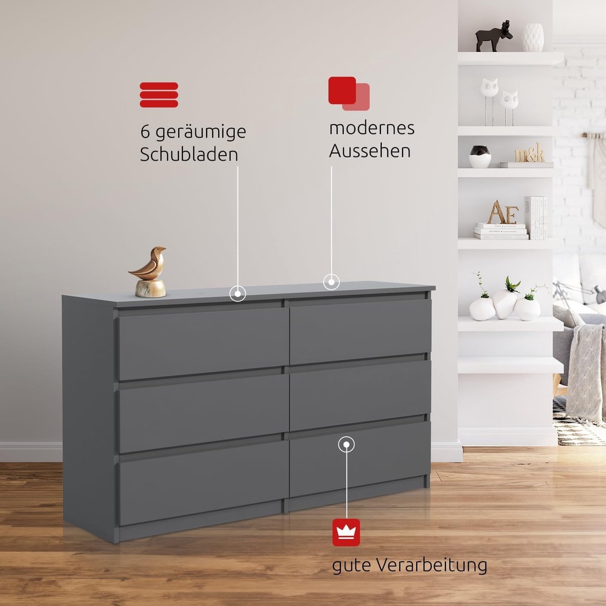 Dressoir 120x78.5x39 cm - Modern kastje met 6 lades in antraciet - Industrohome
