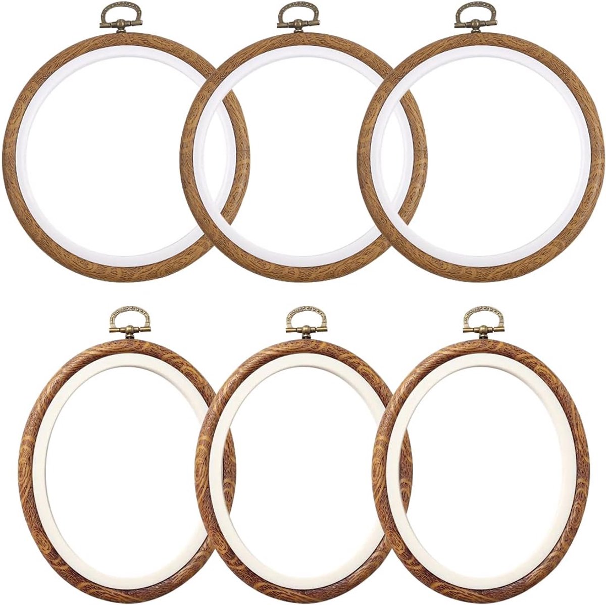 6 Stks/set Borduurwerk Hoepels Geïmiteerd Hout Plastic Display Frame Herbruikbare Cirkel Ovale Kruissteek Hoop Ring voor Art Craft Naaien en Opknoping Ornamenten Home Decor
