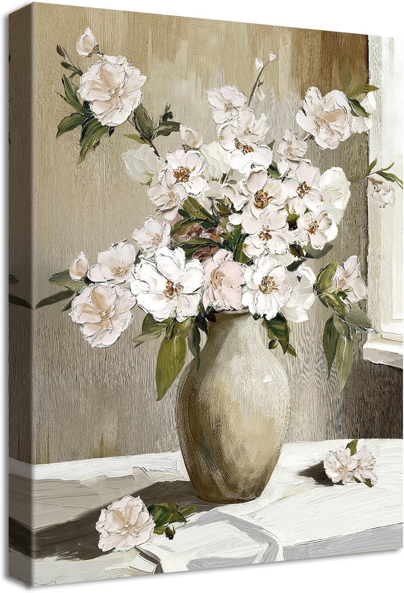 Frame, print op canvas, botanische kunst, rustiek, vintage, muurdecoratie, witte roze bloem, esthetisch, floraal, schilderij, wanddecoratie, woonkamer, slaapkamer, keuken, 30 x 40 cm