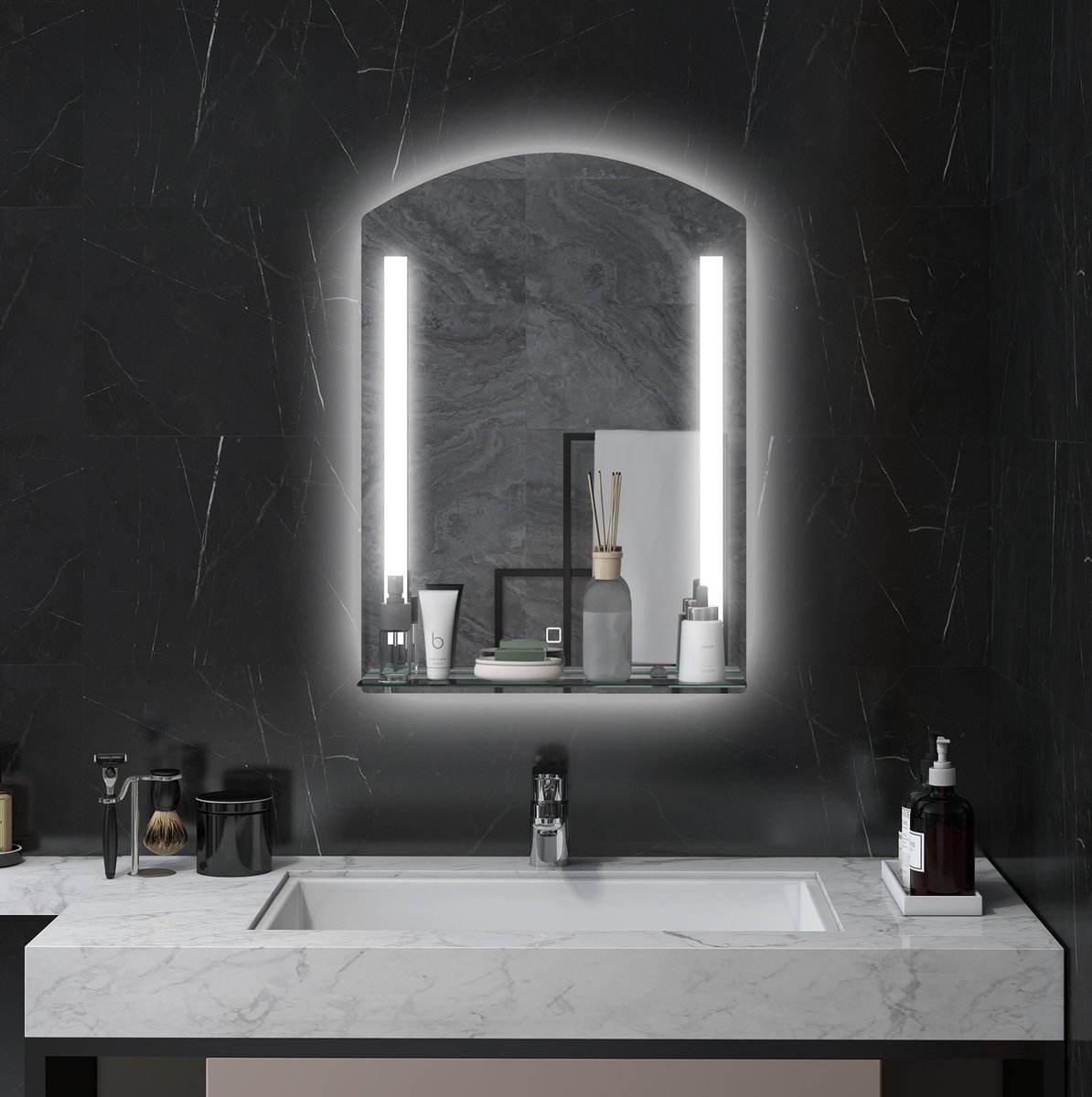 MIVRAY Badspiegel – LED-Verlichting Met 3 Lichtkleuren – 50 x 70 x 12 cm – Aluminium En Glas – Zilver – Wandspiegel Voor Badkamer – Touchbediening