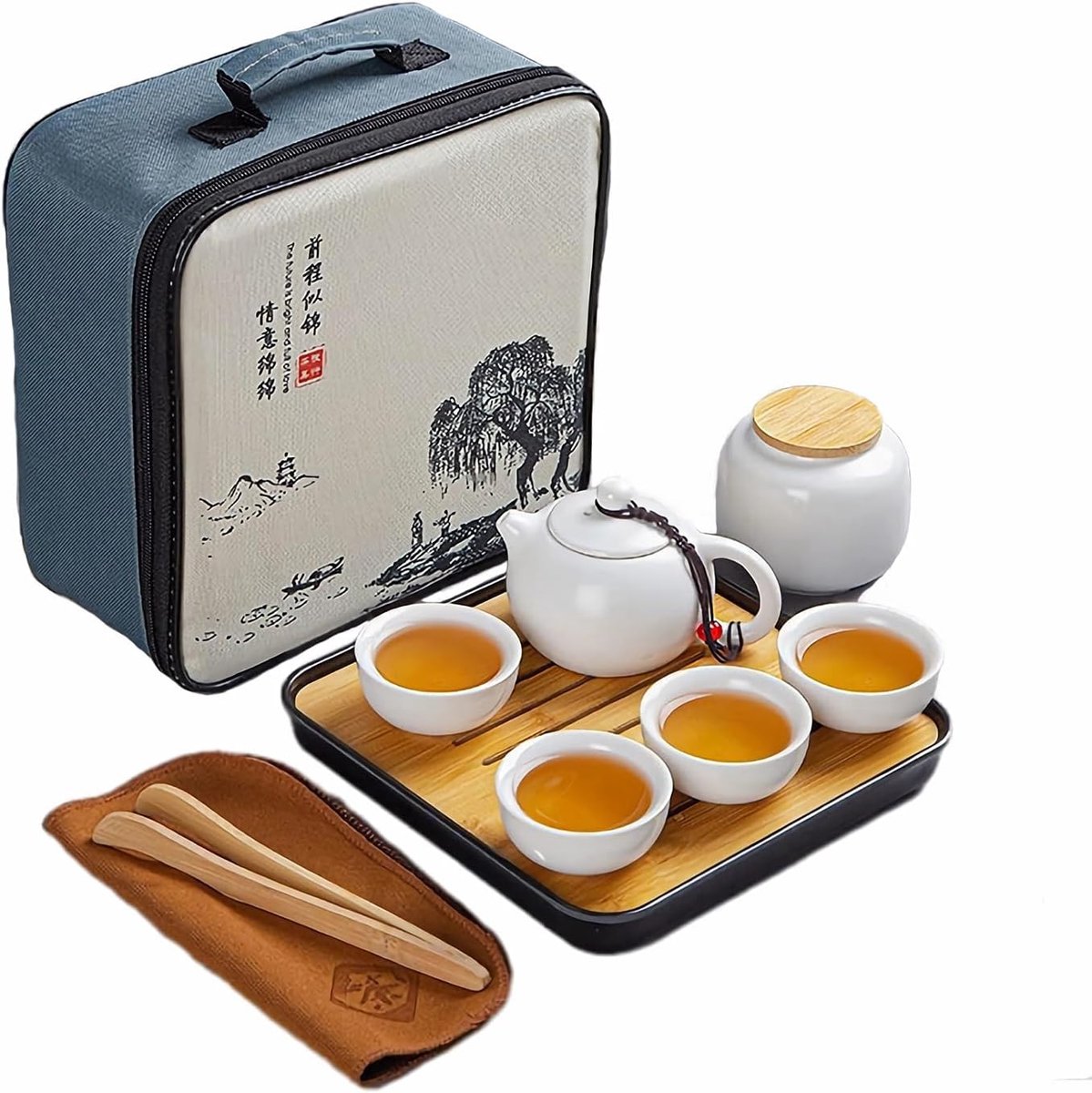 Theepot sets, Chinees Kungfu theeservice, keramische theepot met 4 kopjes en theedoos met dienblad, all-in-one cadeau reistheeset voor losse thee, wit