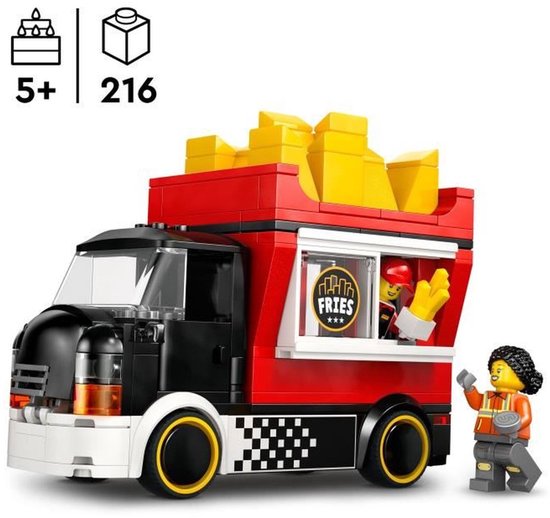 LEGO City snackwagen met rode en gele frietjes, LEGO-poppetje en geruite details.