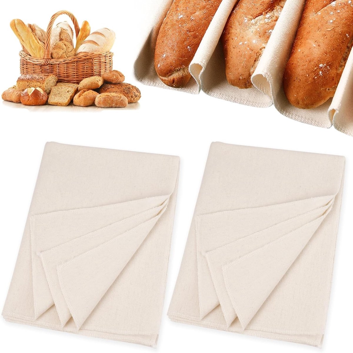 Premium Baklinnen Set van 2 Stuks, 150 x 60 cm, Natuurlijke Linnen Doek voor Brooddeeg, Ideaal voor Bakken en Voorbereiden van Deeg