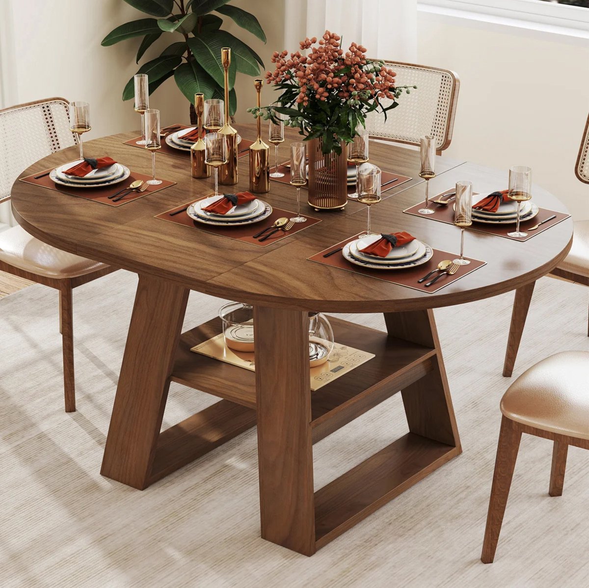OKWISH Uitschuifbare Eettafel - 4 Tot 6 Personen - Met Opbergruimte En Plank - MDF Walnootkleur - 110 Tot 150 x 110 cm
