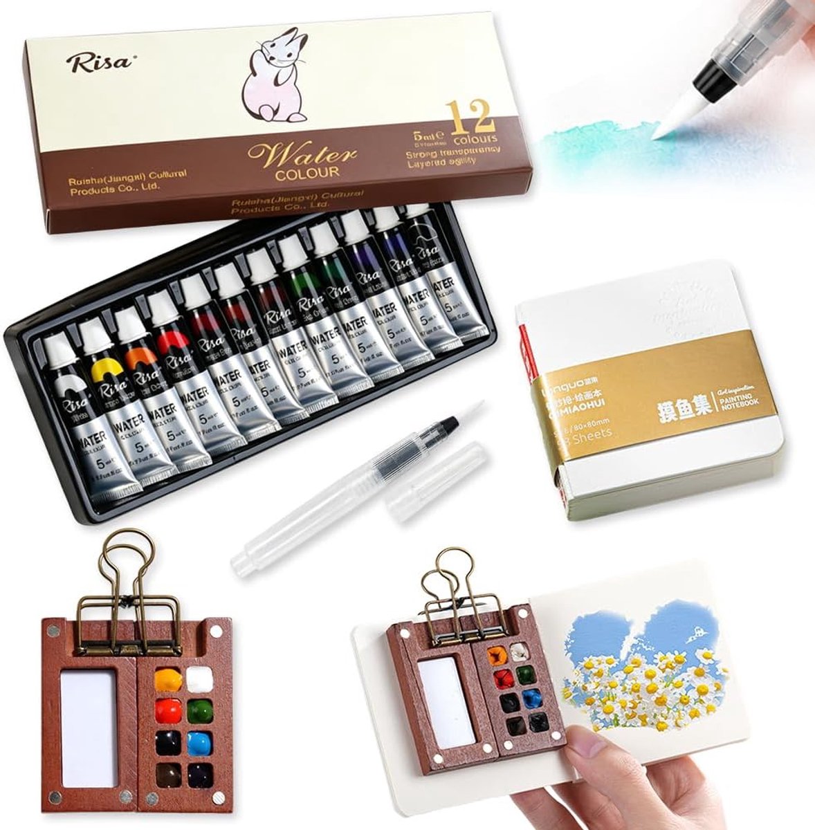 Mini Aquarelset, 5 Delige Draagbare Schilderset Reisaquarelset met Houten Palet, 12 Aquarelkleuren, Penselen - ShopVlot