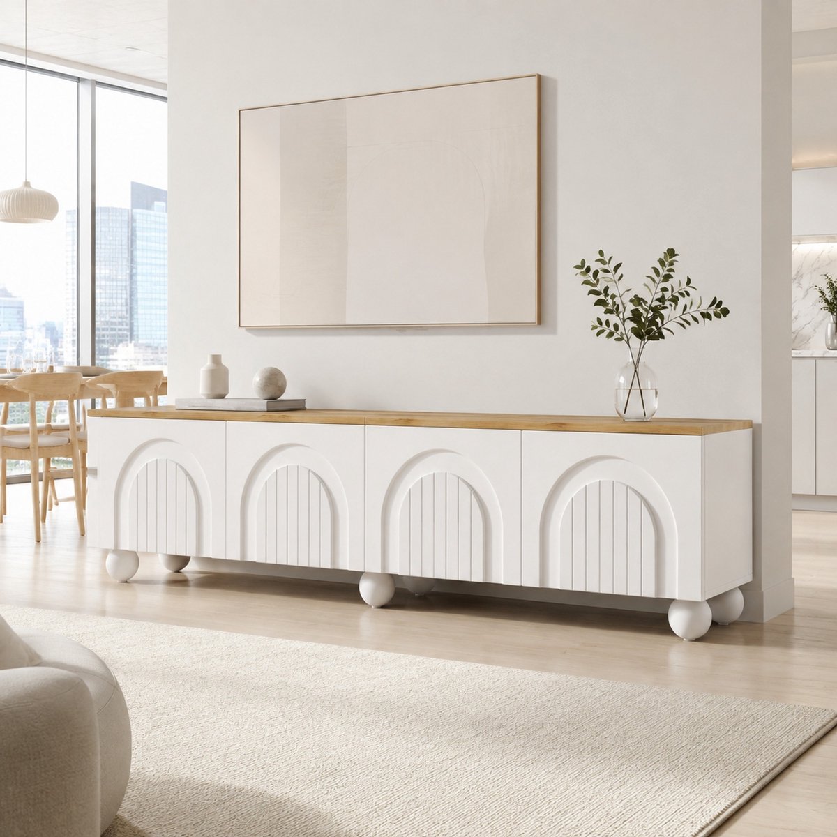 WUVRIE Tv-meubel 180x40x45 cm - 4 deuren en 2 opbergvakken - 6 metalen bolpoten - Wit/eiken