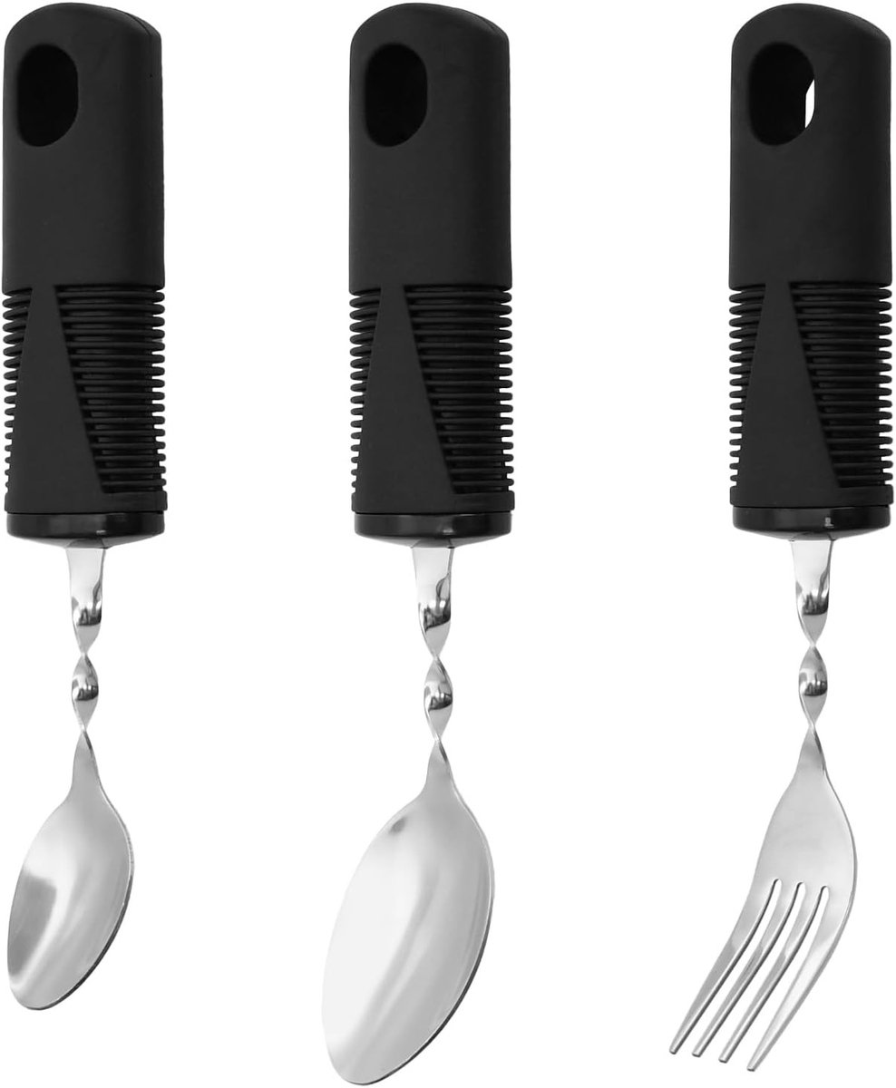 Set van 3 Bestek voor Mensen met Artritis - Vork, Lepel en Theelepel met Flexibele Handgrepen voor Gemakkelijk Eten en Drinken, RVS en Rubber-Plastic Design