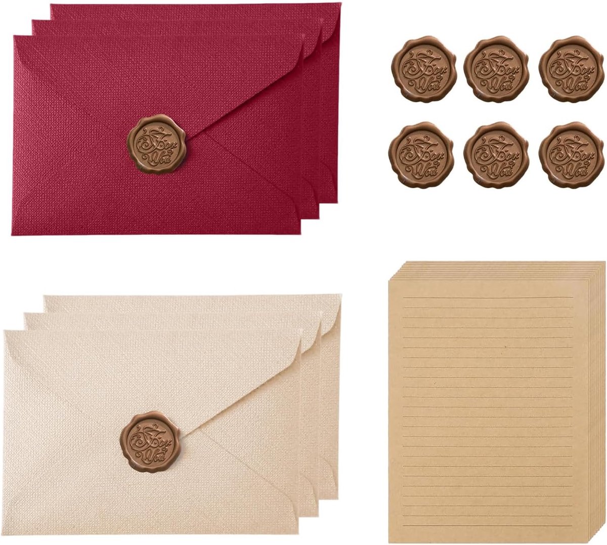 Vintage Envelope Set, 22 Pieces, Vintage Set with Stationery and Envelopes, 6 Linen Envelopes, 6 Self-Adhesive Wax - ShopVlot