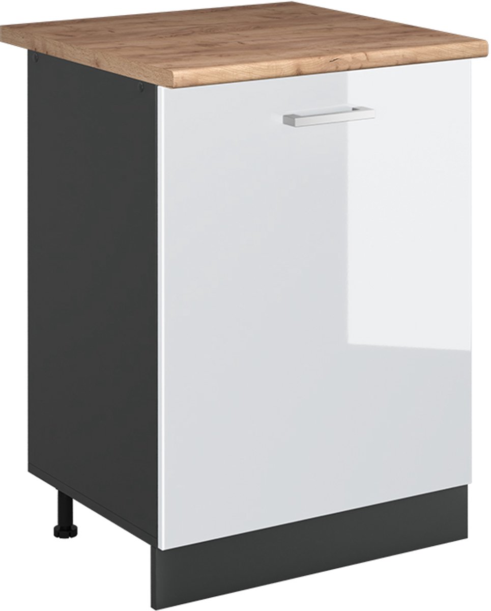 Vicco Keukenonderkast R-Line, Wit Hoogglans/Antraciet, 60 cm met 1 deur goudkleurig eiken werkblad