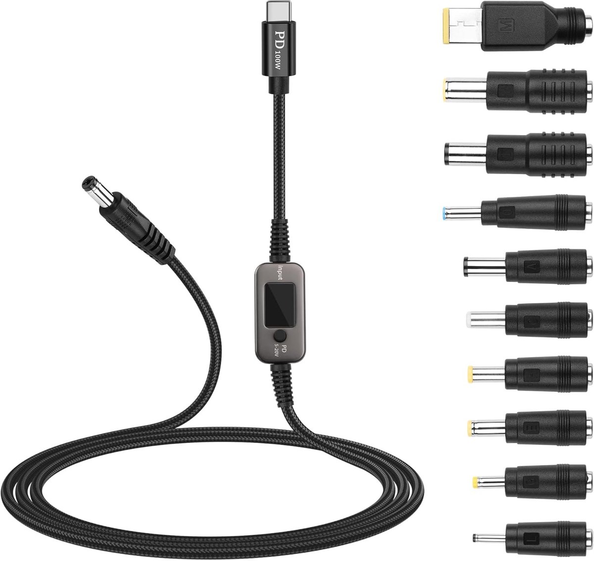 SinLoon PD to DC Converter Adjustable Voltage 100W (5V/9V/12V/15V/20V) C Plug to DC5521 10 Heads Adapter Braided Cable - ShopVlot