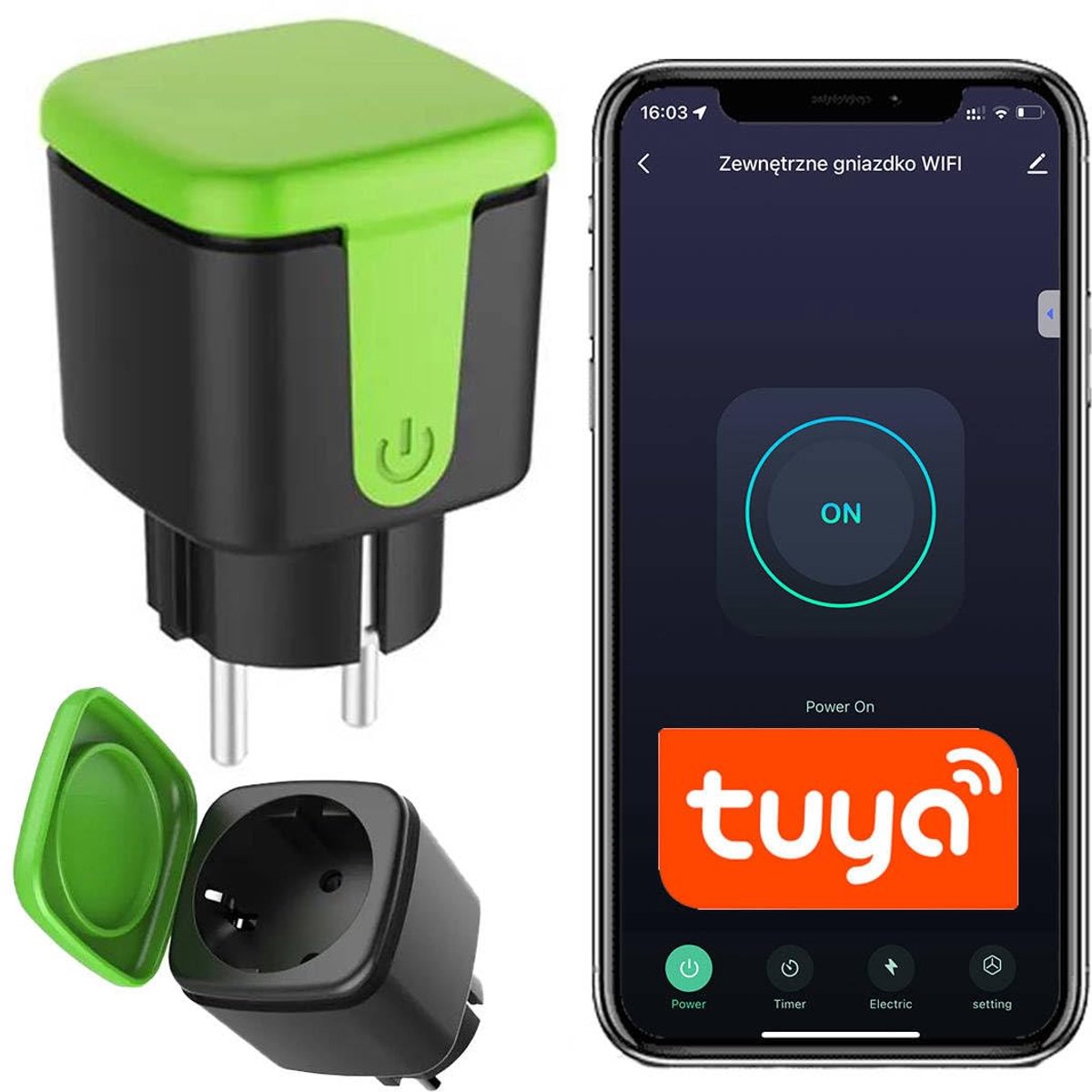 SnelShoppen - Smart WiFi Buitenstopcontact IP44 met Timer en Huidige Meter, 3680W 16A, App Besturing, Weerbestendig voor Tuin, Balkon en Patio, Compat