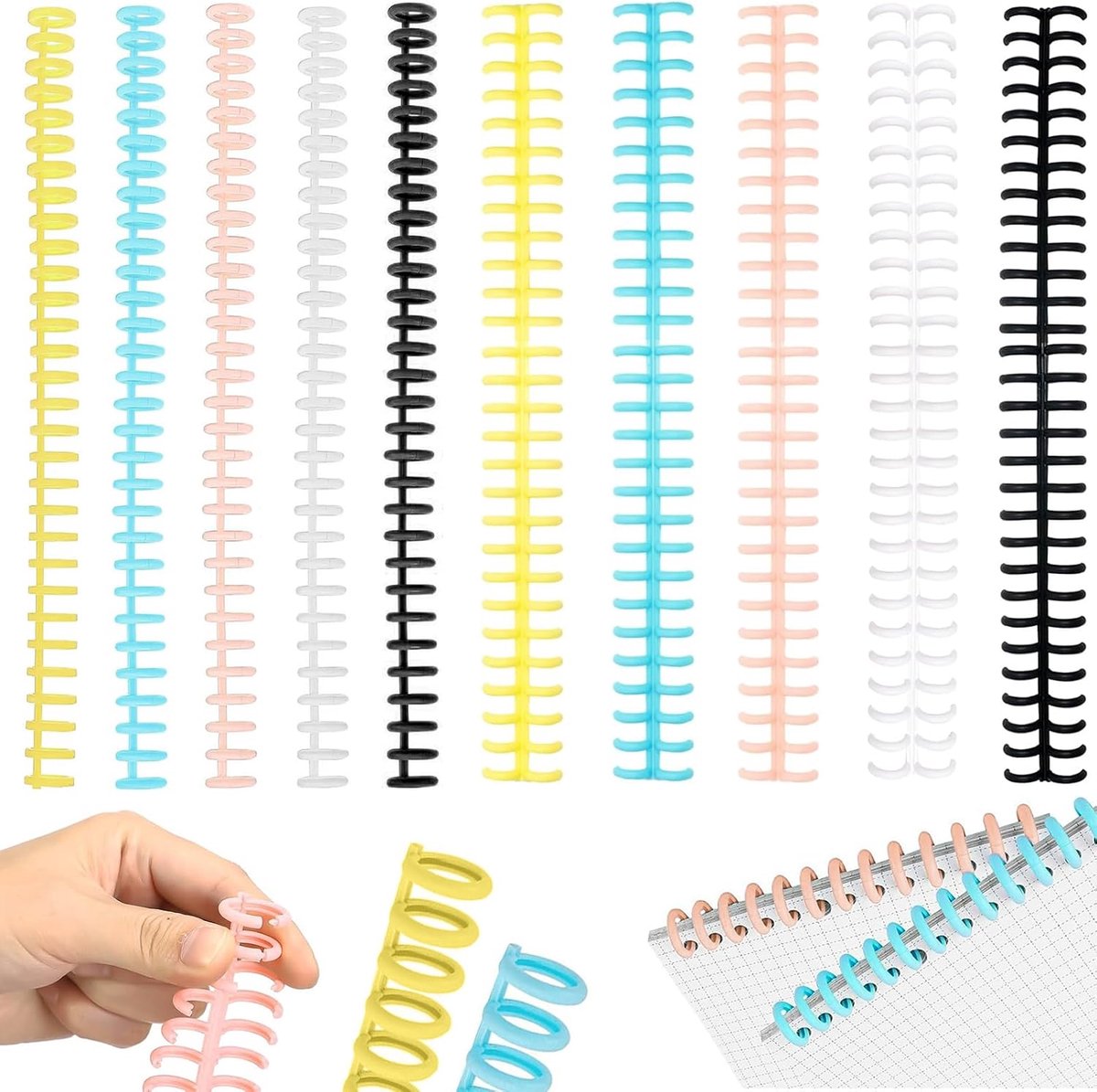 10 x bindruggen met 30 gaten, kleurrijke kunststof spiralen voor mobiel vellen en doe-het-zelf, set met ringen voor handmatig binden (wit, zwart, geel, roze, blauw) voor kantoor en school