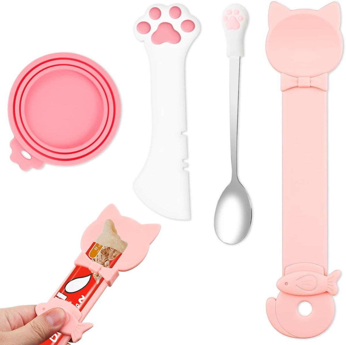4-delige kattenvoerdeksel en lepelset, siliconen blikdeksel met multifunctionele lepelopener, roestvrijstalen natvoerlepel en kattenvoerknijper voor het voeren en bewaren van natvoer