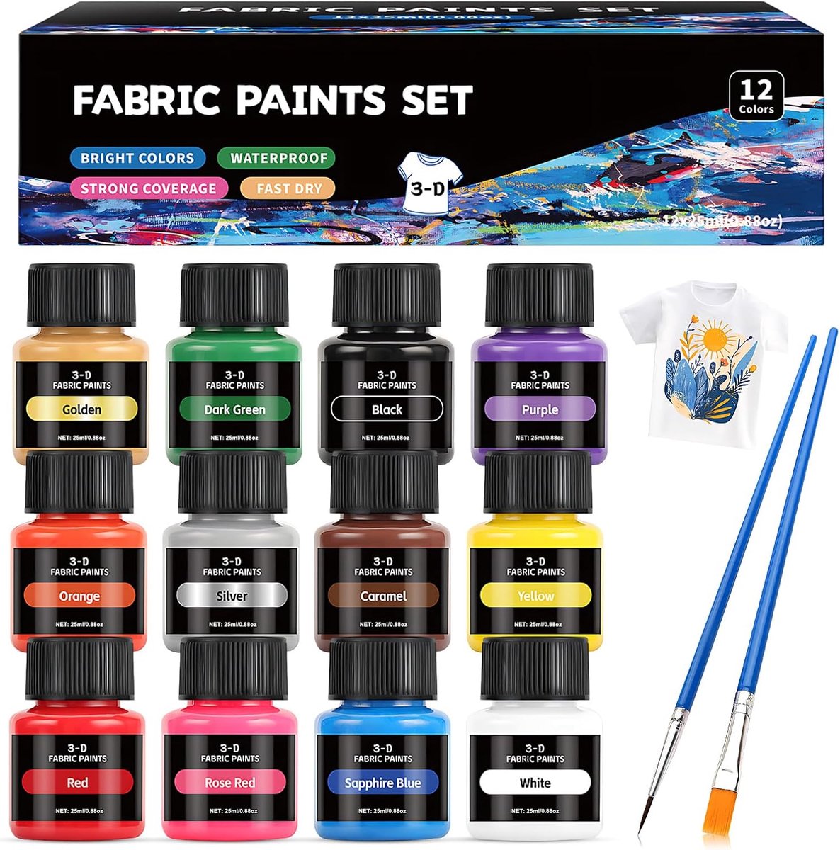 12 x 25 ml stofverf, verf voor permanente stoffen, wasbare stofkleur, kan worden gebruikt voor het schilderen van kleding, schoenen en linnen tassen, 2 borstels