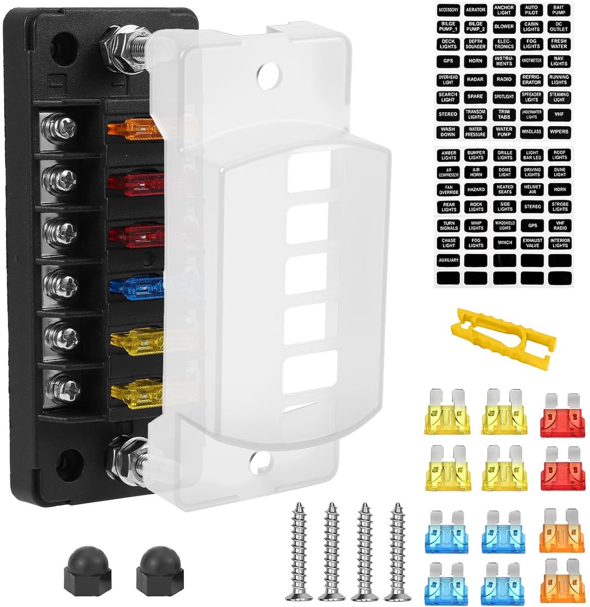6-weg zekeringkast, zekeringhouder 12 V/24 V DC, met led-indicator en 12 zekeringen, waterdicht blok met negatieve bus voor auto, vrachtwagen, boot, bestelwagen, camper