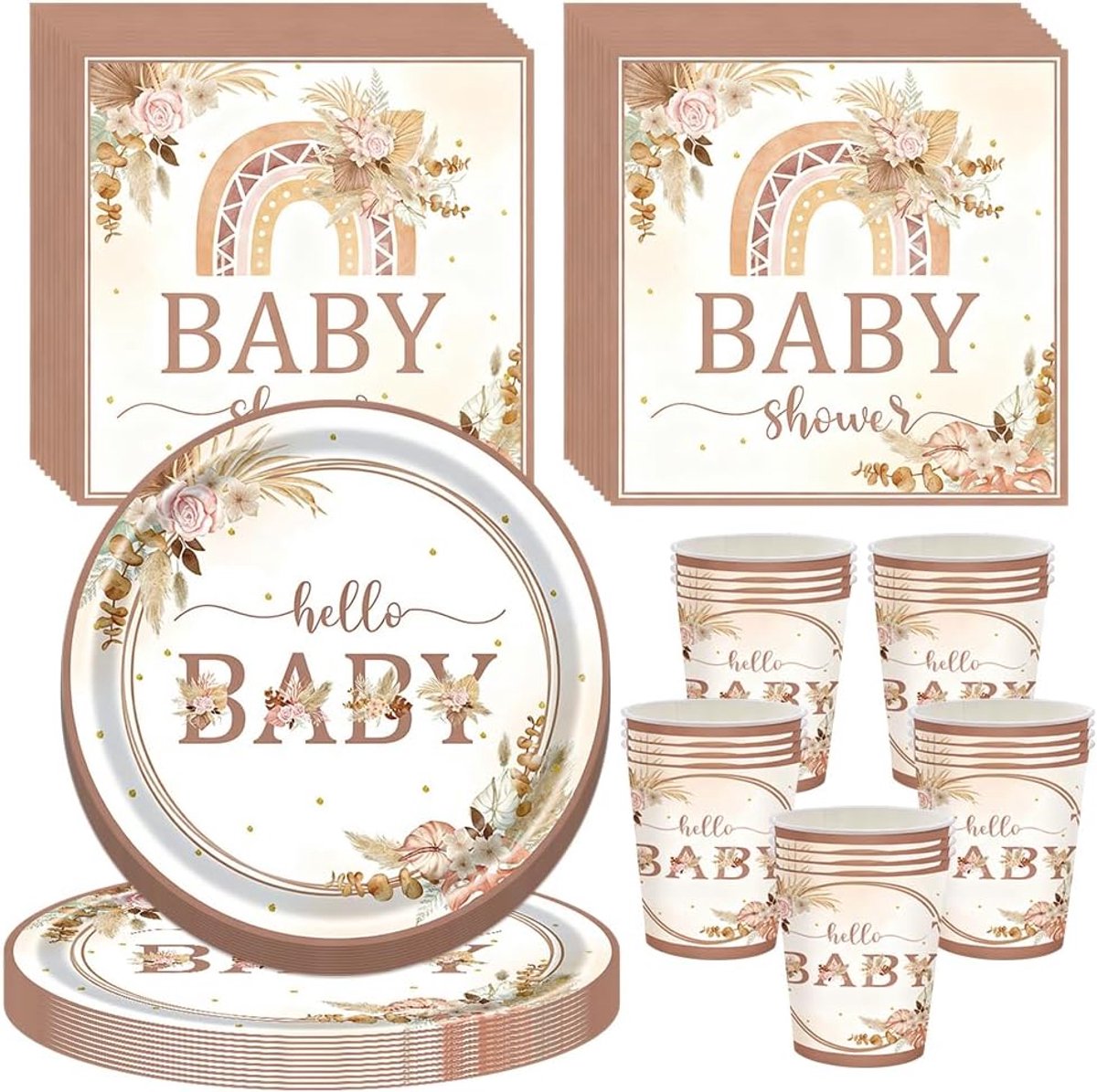 60-delige Boho verjaardagsservies set, feestdecoraties, borden, bekers, servetten, feestdecoraties voor 20 gasten, herbruikbaar