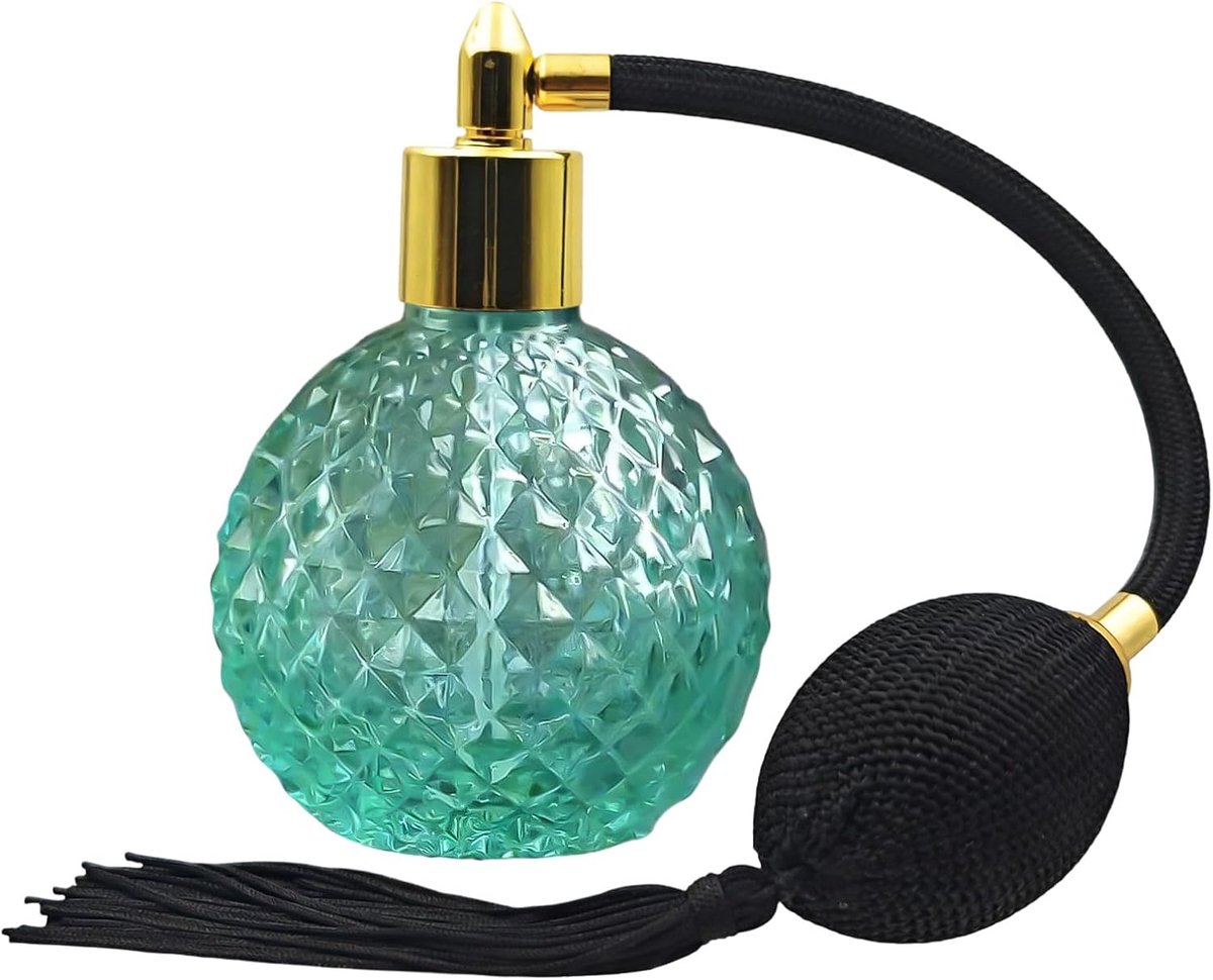 Kristallen parfumfles, 80 ml navulbare groene parfumverstuiver leeg met roze lange kwastjes, vintage verstuiver pomp glazen container herbruikbare dispenserflessen voor make-up haar (gouden