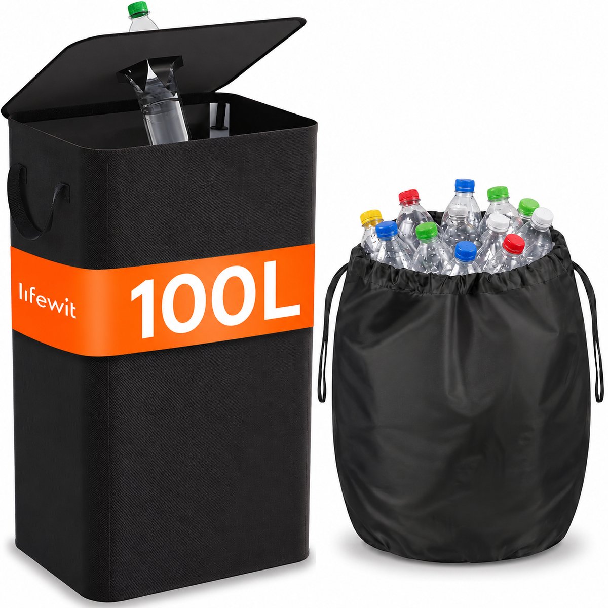 Statiegeldfles Opvangbak – Flessenverzamelaar 100L – Opvouwbare Recyclingcontainer met Deksel en Wasbare Binnenzak – Opbergbak voor PET-flessen, Glas en Blikjes – 43 x 33 x 70 cm – Zwart