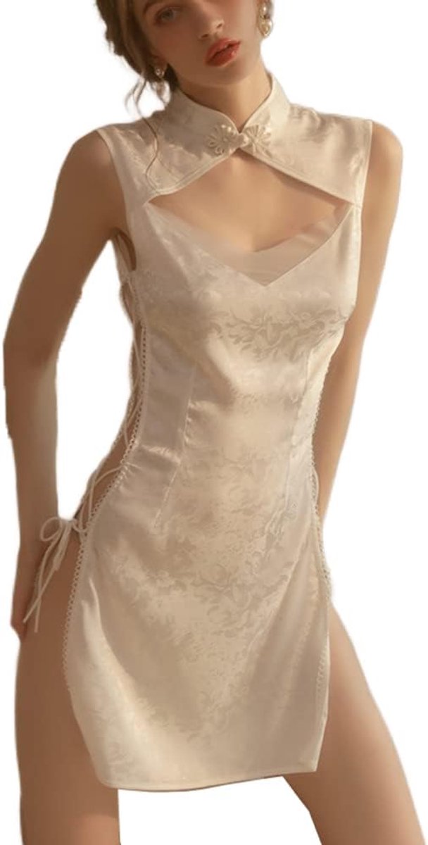 Sexy cheongsam Chinese lingerie cosplay perspectief jurk kostuum (wit2)