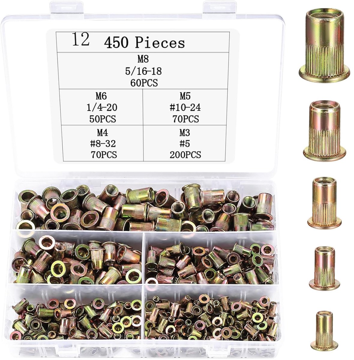 Set of 450 Riveting Nuts, Flat Head, Rivet Nuts Assorted, M3, M4, M5, M6, M8 Thread, Pull-In Nuts, Rivet Nuts, Rivet - ShopVlot