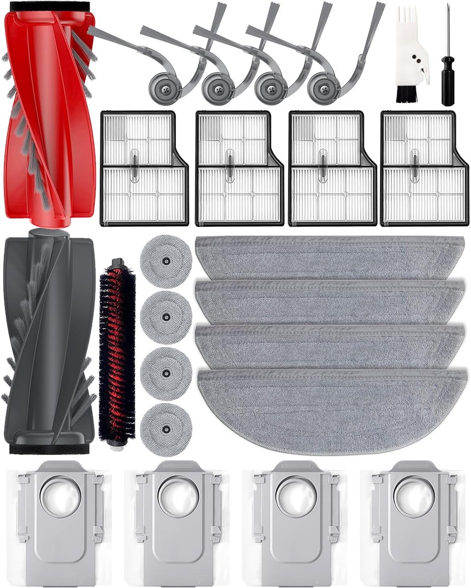 SnelShoppen - Set van 25 Accessoires voor Robotstofzuigers, 2 Hoofdborstels, 4 Zijborstels, 4 HEPA Filters, 4 Vervangende Stofzakken, 4+4 Vibrerende M