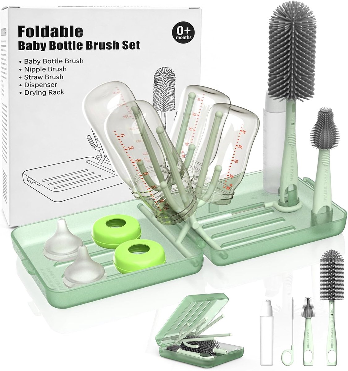 SnelShoppen - Babyfles Borstelset 5-in-1, Inclusief Silicone Borstel, Teat Borstel, Rietjesborstel, Zeepdispenser en Droogstandaard, Groene Kleur, Ide