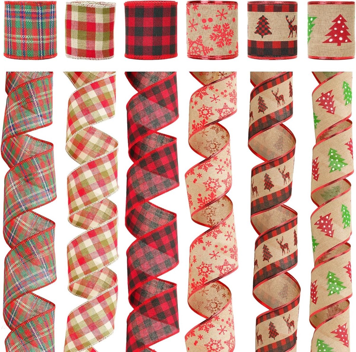 6x5m Kerst Burlap Lint, 6cm Draadlint voor Kransen, Rood Kerstboom Lint met Sneeuwvlokken en Tartan voor Cadeauverpakking en Decoraties, 30m