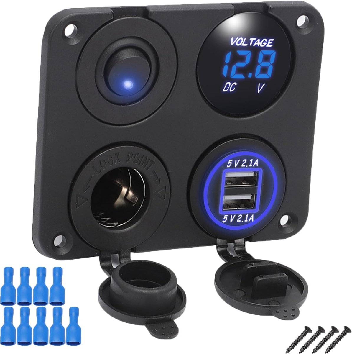 4-in-1 Socket Panel, Universal Adapter for USB Charger, Dual Voltmeter, Blue Cigarette Lighter Switch, for Car, Truck - ShopVlot