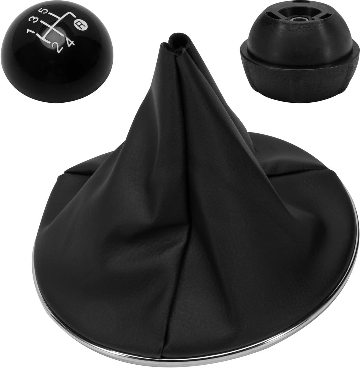Shift Knob For Fiat 500 500C 312 (2007-2015), 5 Speed Faux Leather Cuff, Chrome Ring Frame, Part Number: 55344016 - ShopVlot