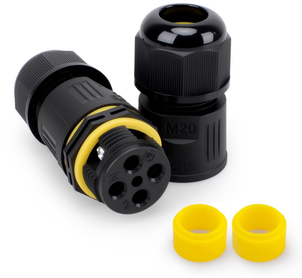 1 pcs waterproof outdoor cable connector, M20 screw crimping, 2 Poles for 5 to 8mm cable, with 2 pcs wire clam rubber - ShopVlot