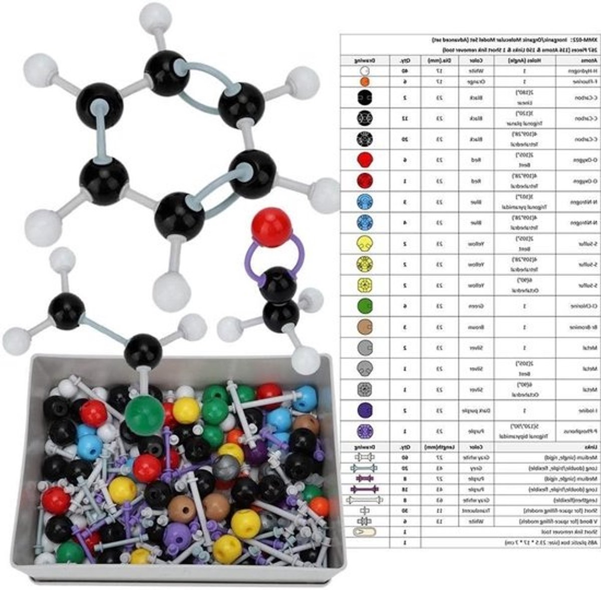 Molecuulbouwpakket met 267 stuks - compleet chemiemodel voor organische en anorganische moleculen - ideale leerset voor studenten en wetenschappers