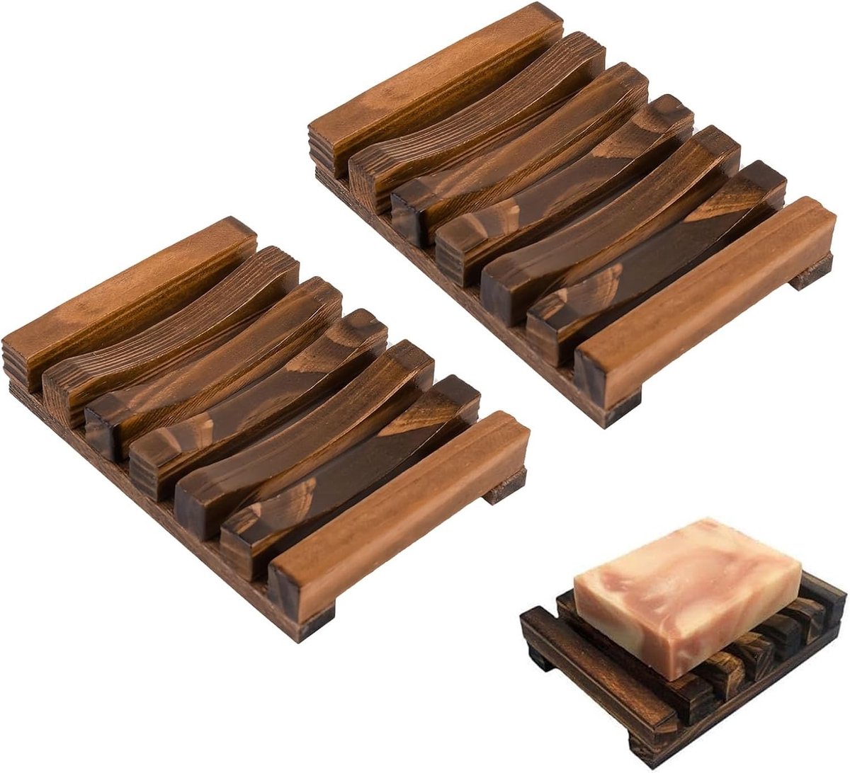 Houten Zeepbakje met Afvoer - 2 Stuks, Zonder Boren voor Badkamer en Keuken, Natuurlijke Droge Ontwerp voor Zeep en Accessoires