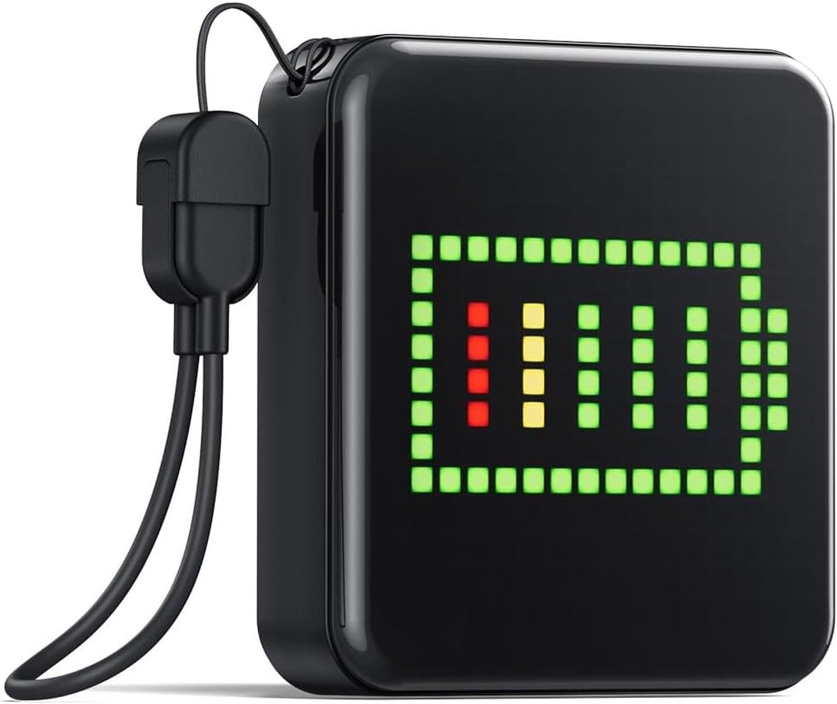 Powerbank 5000mAh met LED Pixel Screen, USB-C Oplaadkabel en App Functionaliteit, Zwart