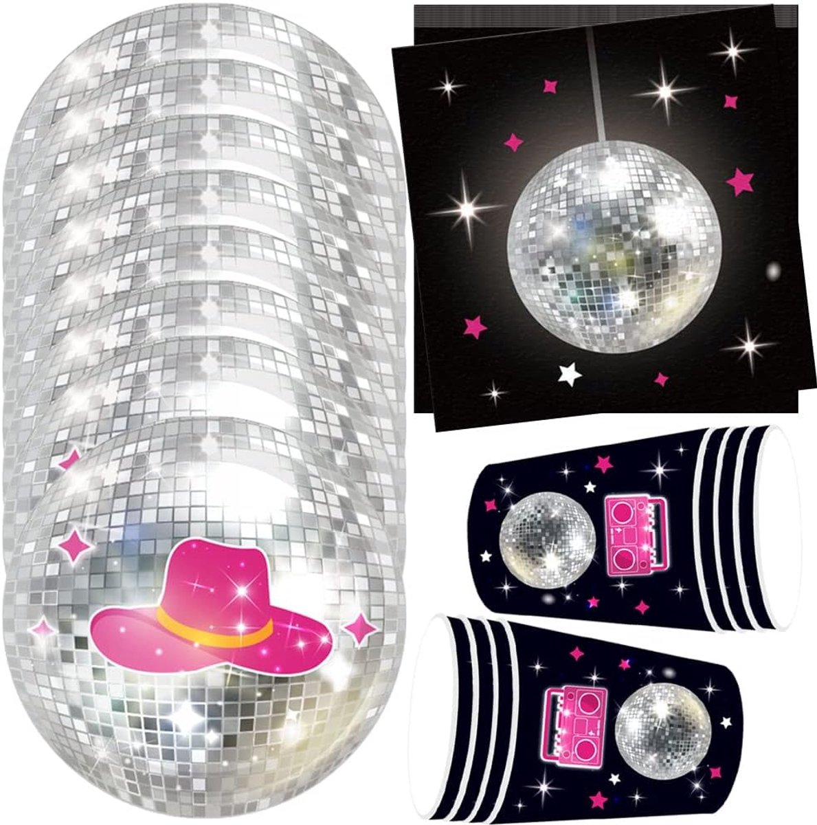 Discobal, beker, papieren borden, servetten, 70-, 80-, 90-'s decoratie, verjaardag, cowboy, feestservies, kinderverjaardag, retro, disco, hiphop, themafeest, tafeldecoratie