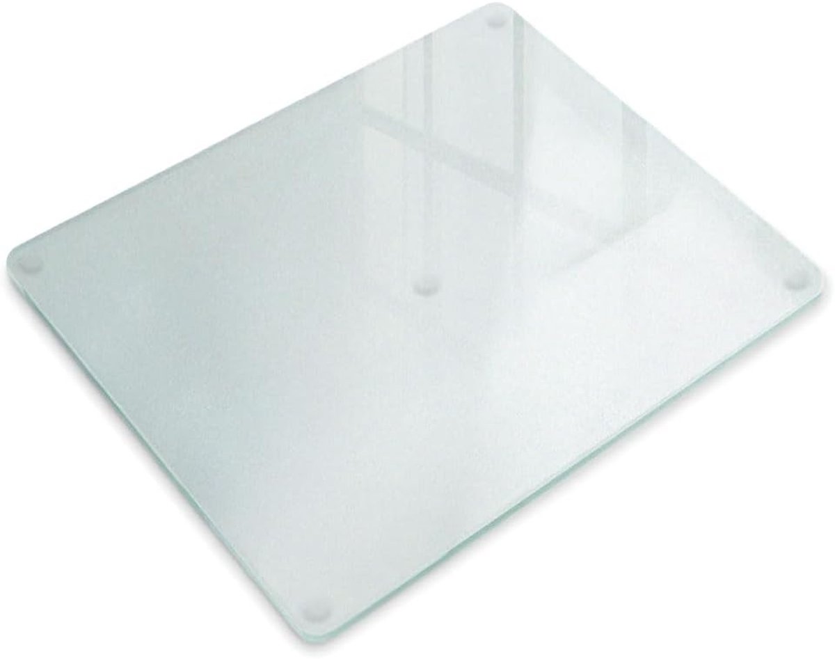 Glasplaat voor Vlees 52x40 cm | Hittebestendig | Krasbestendig |Matglas | Met Antislip Siliconen Voeten | voor de Keuken | Melkglas | Makkelijk Schoon te Maken | Gehard Glas | Rechthoekig