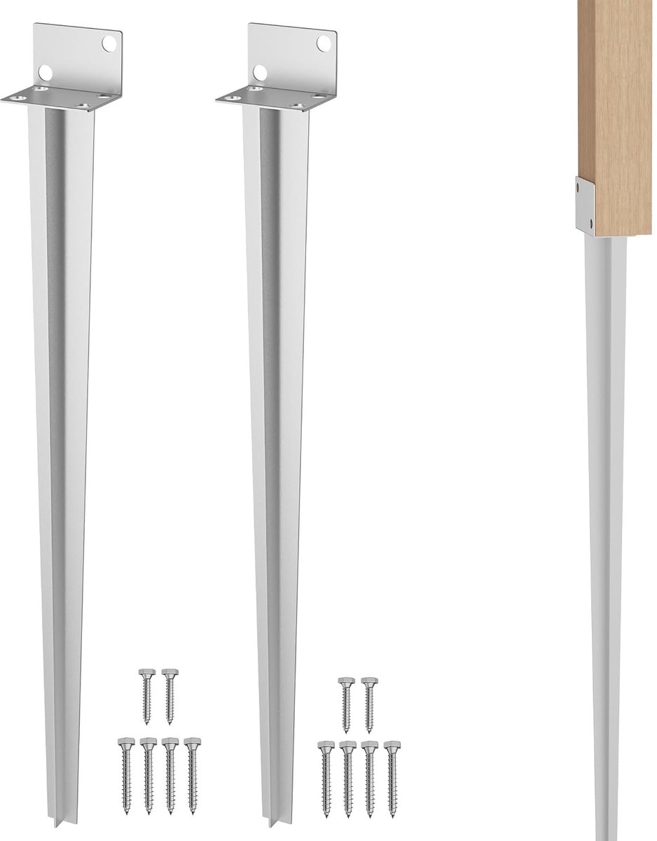 Paalhouder, grondankers, 60 x 700 mm, verzinkt, L-vorm, set van 2, voor houten palen, hek, pergola, tuin, balkon, doe-het-zelfprojecten, zilver