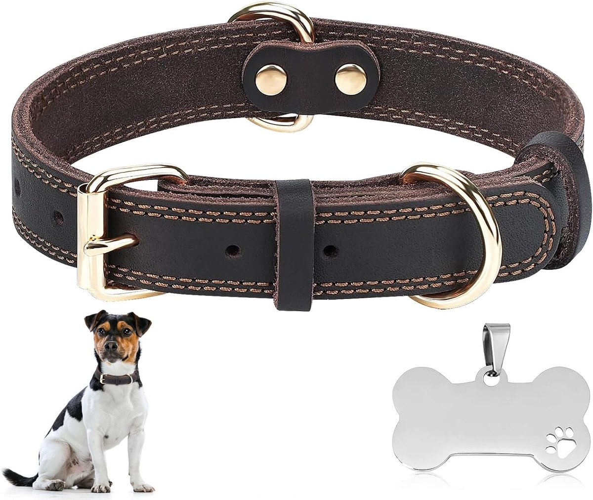 Gevoerde hondenhalsbanden met metalen gesp, verstelbaar 38-49 cm, zacht, sterk vintage ontwerp, rundleer hondenhalsband met huisdierlabel voor kleine, middelgrote en grote hondenrassen (bruin)