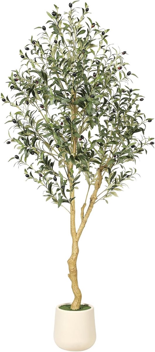 Kunstmatige olijfbomen voor binnen 1,5 m met plantenbak - hoge ingemaakte faux olijfboom, kunstplant met natuurlijk ogende stam en levensechte vruchten voor thuiskantoordecoratie, verzwaarde