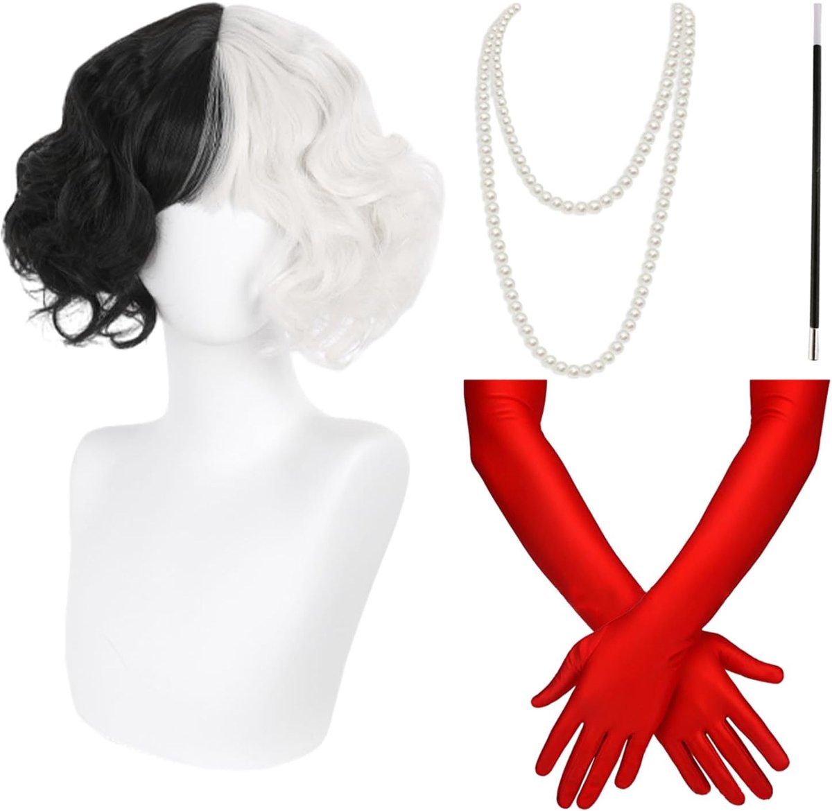 4-delige heksenkostuumset, cosplay, Halloween-pruik, damespruik, actrice make-up, zwart-witte pruik, verkleedaccessoires, geschikt voor feesten, optredens