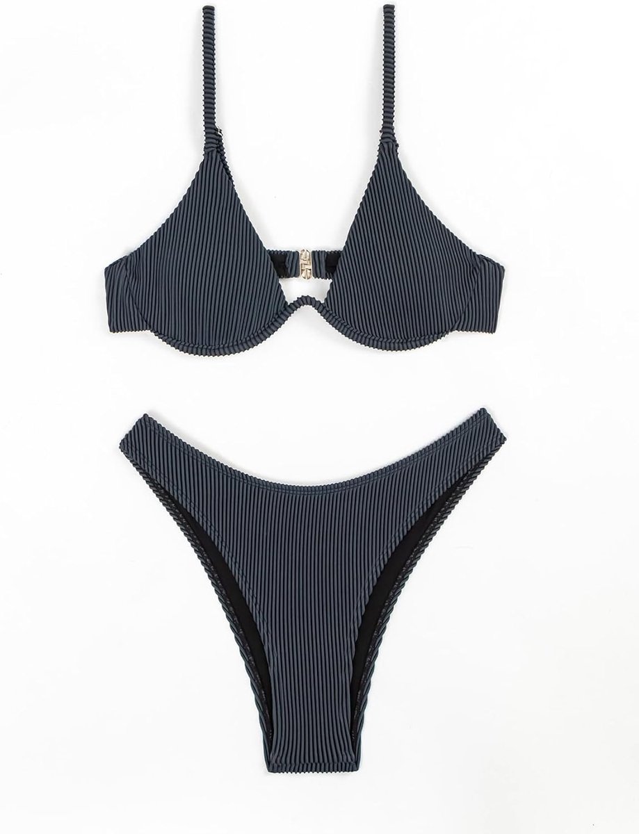 Women Underwire Triangle Bikini Spaghetti Strap Push Up Swimsuit Cheeky Two Piece Bathing Suit Grey L