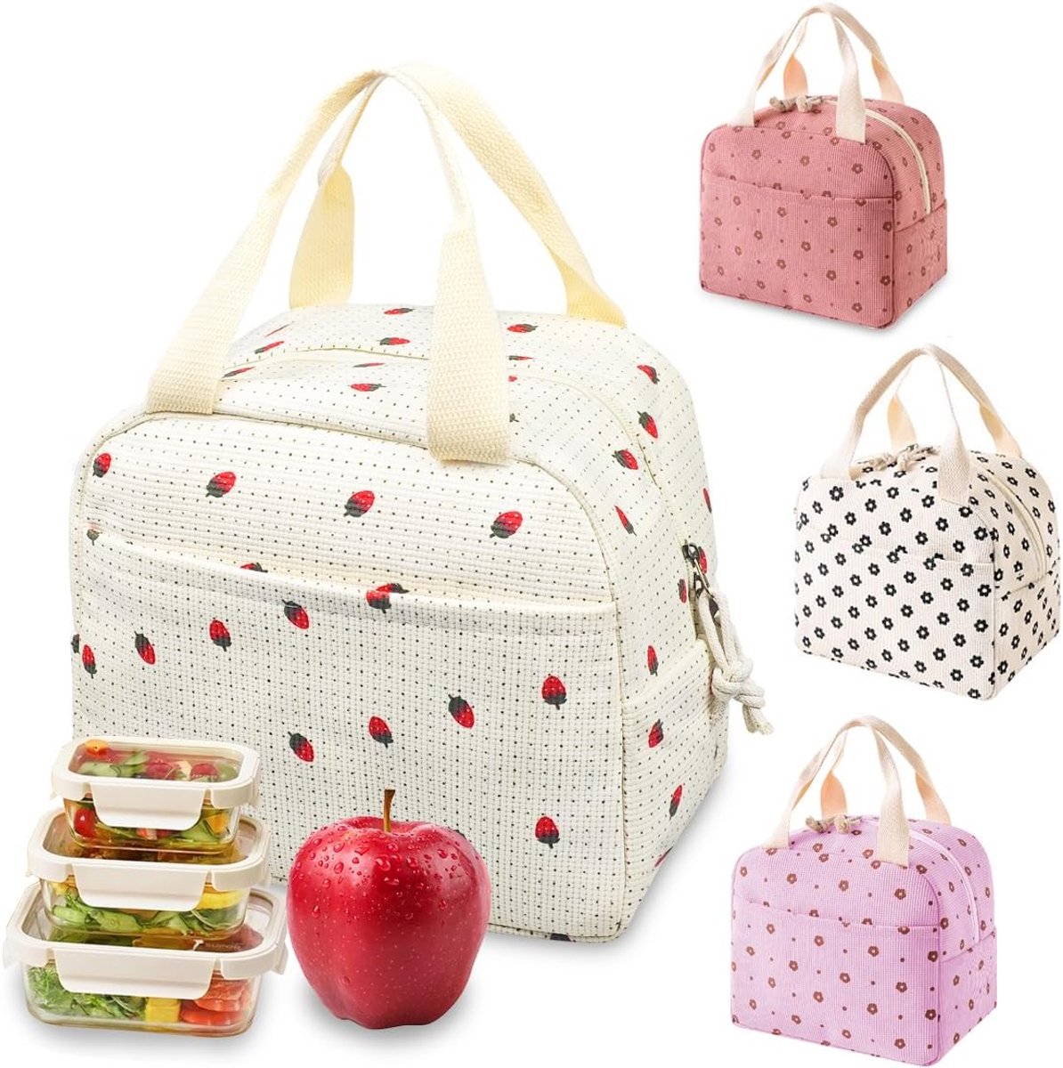 Lunchtas met folievoering, 10 liter, corduroy lunchbox voor vrouwen, herbruikbaar, grote capaciteit, lunchtas, lunchtas, handtas, lekvrij, thermisch koelvak, wit