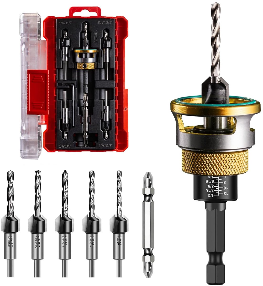 Senkboorset voor hout 5 stuks, boorsenker met diepteaanslag, houtboor met 1/4" zeshoekige schacht, gemaakt van HSS-M2, nauwkeurige boorwerkzaamheden, inclusief kruiskopschroevenbits, voor